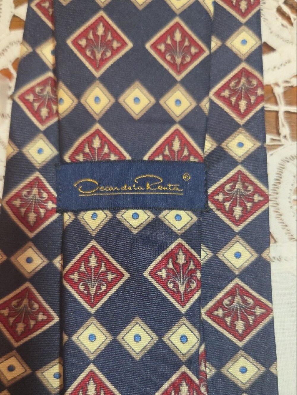 Oscar de la Renta Navy Tie with Burgundy and Cream Diamond Pattern